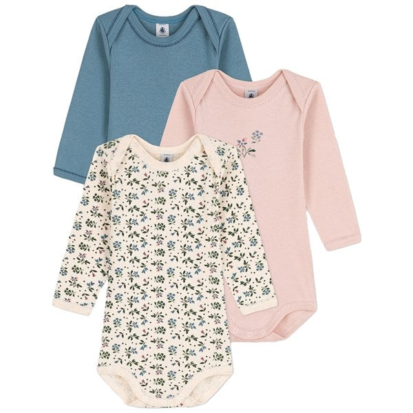 Petit Bateau Bodies ML 3 Pack Rose/Flower/Blue