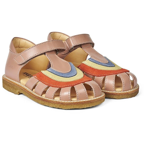 Angulus Sandal M. Regnbue Og Velcro Lukning Mørk Fersken/Koral/Gul/Blå