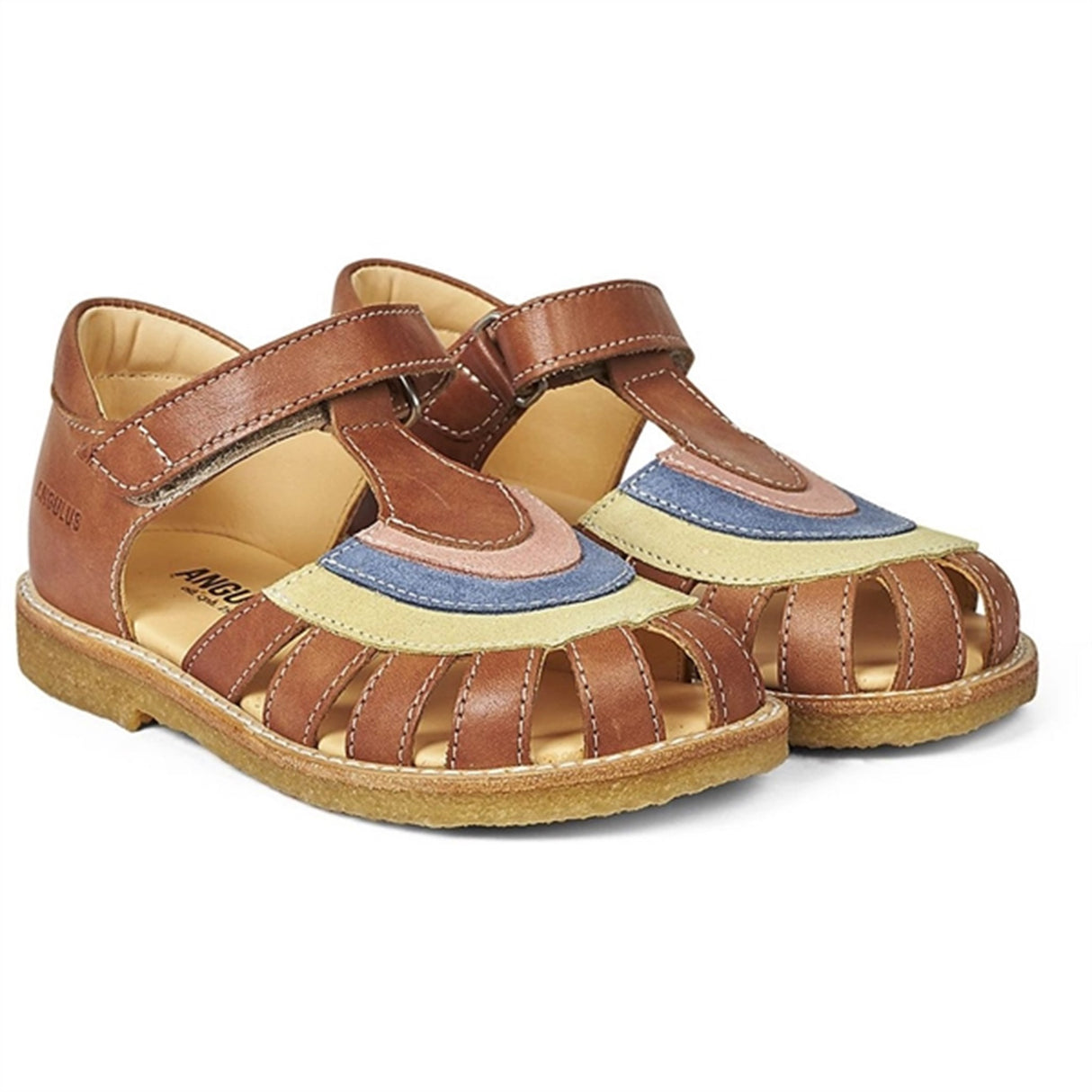 Angulus Sandal M. Regnbue Og Velcro Lukning Cognac/Gul/Blå/Fersken