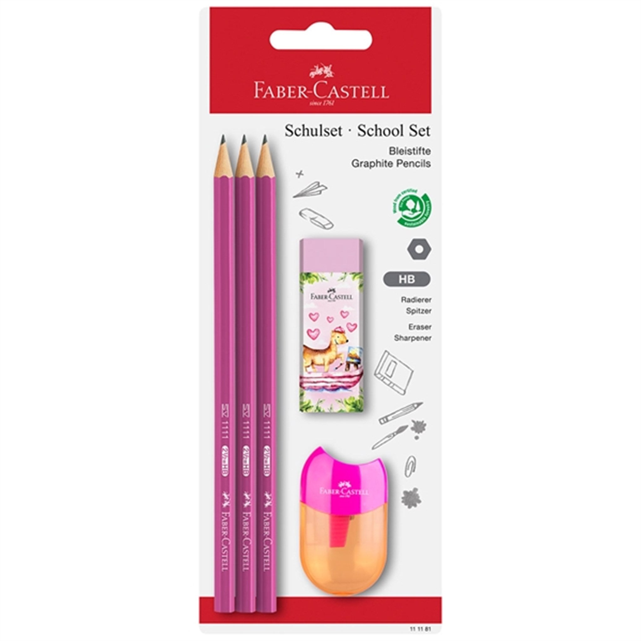 Faber-Castell 3 blyanter, 1 Spidser, Viskelæder Pink