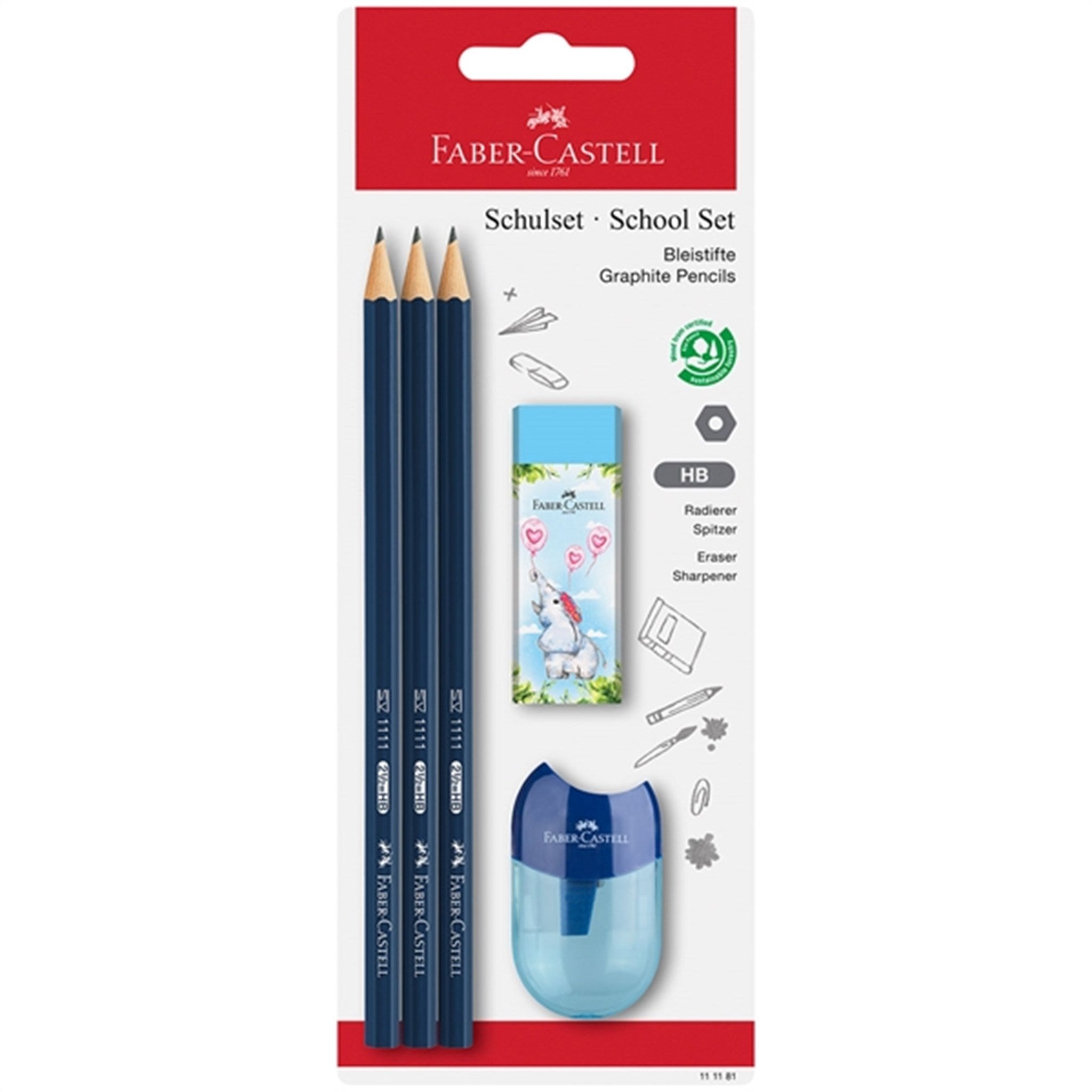Faber-Castell 3 blyanter, 1 Spidser, Viskelæder Blå