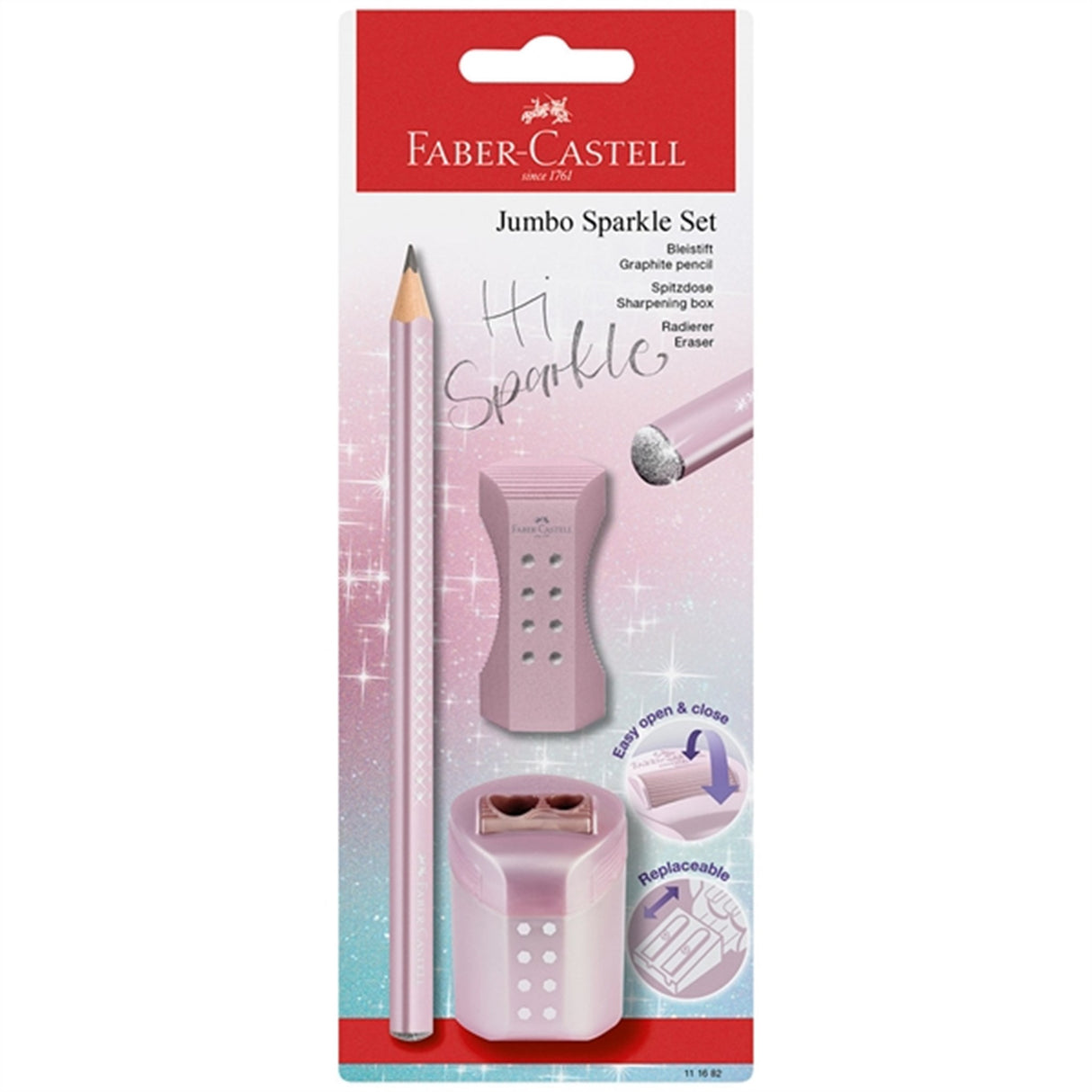 Faber-Castell Sparkle Jumbo Blyant, Viskelæder, Blyantspidser - Rosa