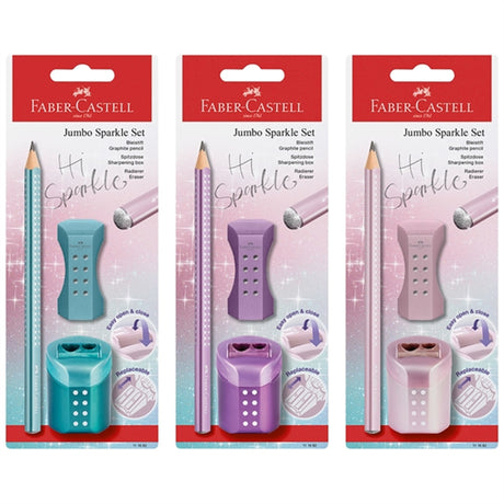 Faber-Castell Sparkle Jumbo Blyant, Viskelæder, Blyantspidser - Rosa