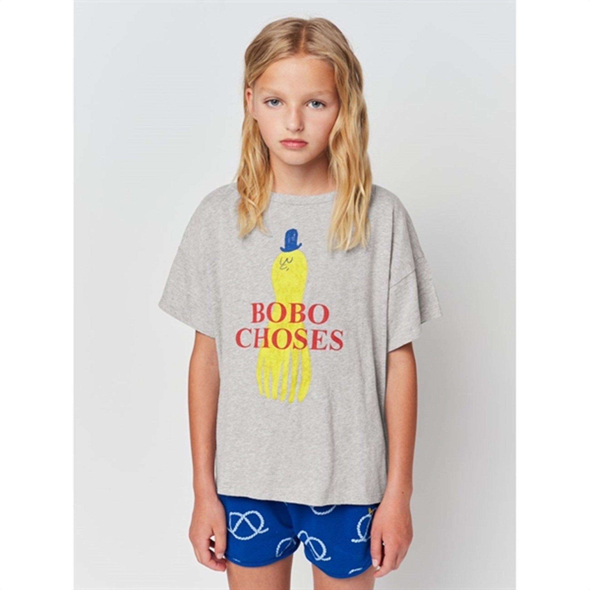 Bobo Choses Light Heather Grey Yellow Squid T-Shirt 6