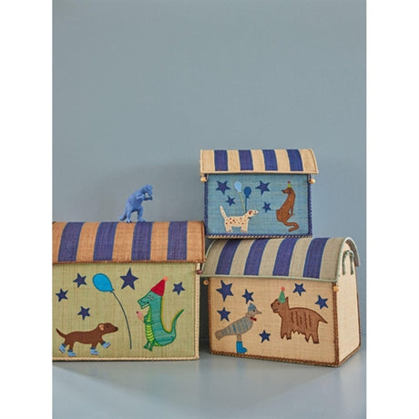 RICE Blue Party Animal Theme Raffia Kurvehus til Opbevaring 3-pak