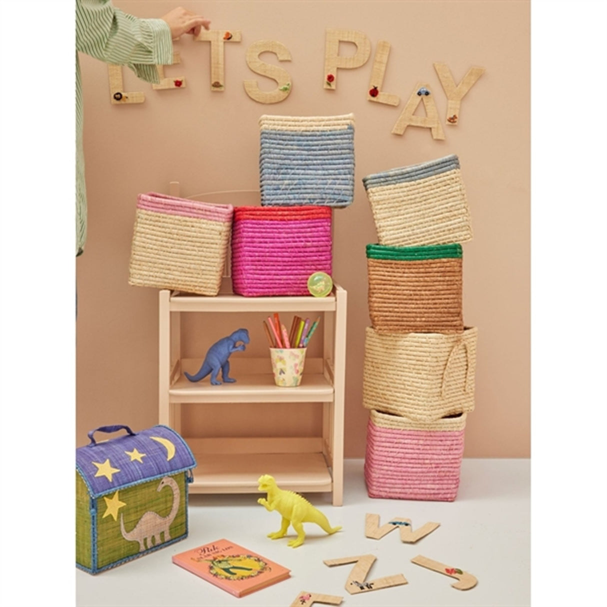 RICE Soft Pink/Nature Firkantet Opbevaringskurv Lille