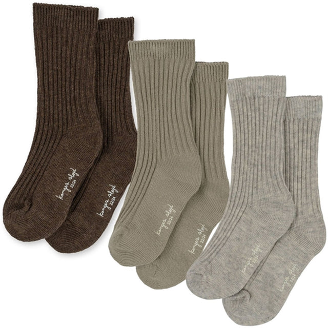 Konges Sløjd Soft Grey/Ment/Brown 3-Pak Ribstrikkede Strømper