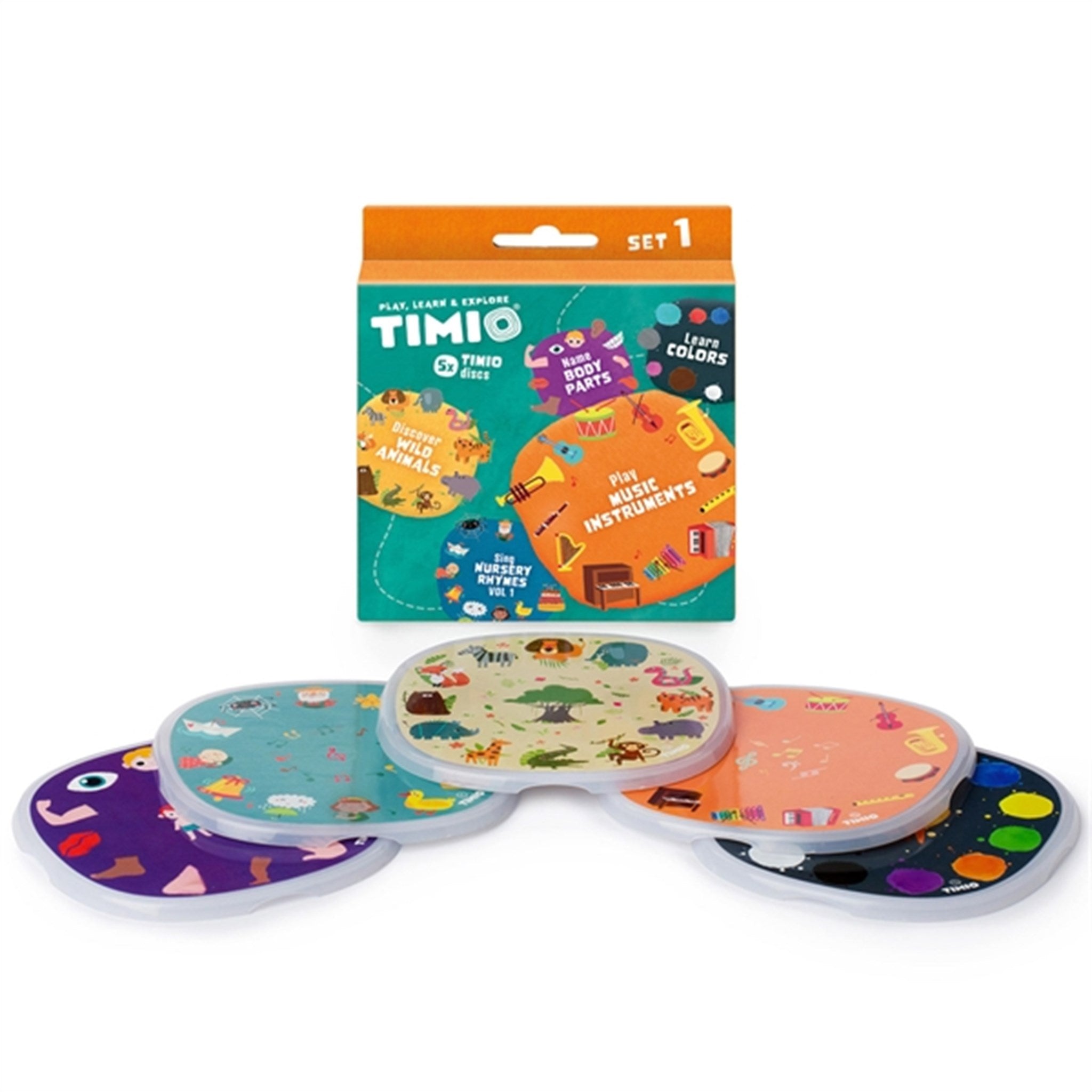 TIMIO® Disc Sæt 1 - Vilde Dyr, Børnerim, Farver, Musik og Kroppens dele